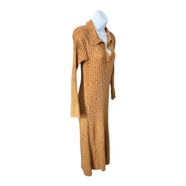 LOFT Brown Ribbed Polo Midi Knit Sweater Dress Size M Long Sleeve Pullover - Image 5