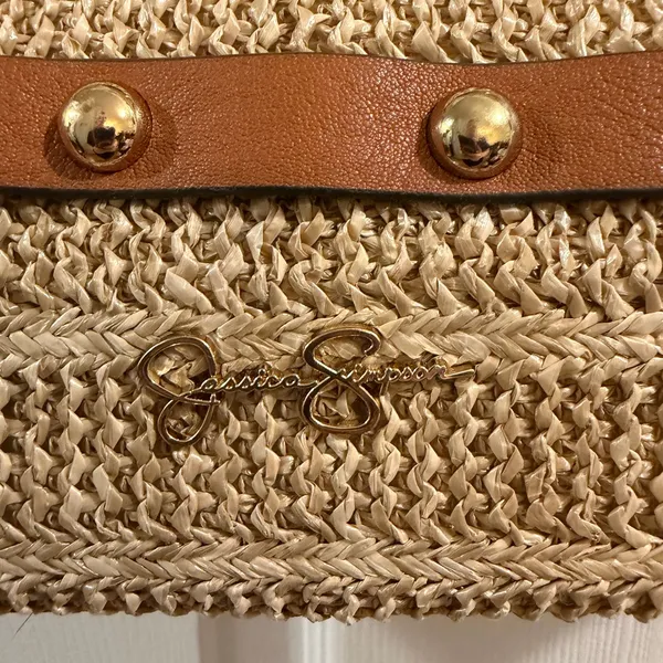 Jessica Simpson Tan Straw and Leather Studded Shoulder Bag - Image 2