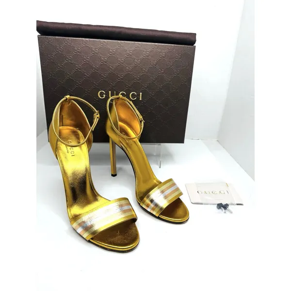 Gucci Cara Gold Metallic Leather Strappy High Heel Sandals EU 38 - Image 2