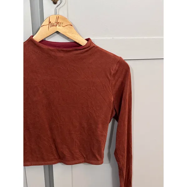 Windsor Rust Orange Faux Suede Mock Neck Long Sleeve Crop Top Womens - Image 2