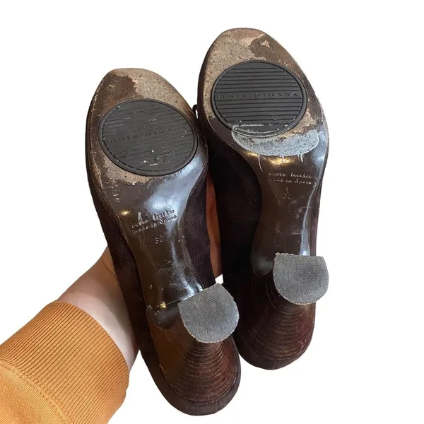 Vintage Chie Mihara Brown Leather Suede Mary Jane Heel Ruffle Trim Size EU 38‎ - Image 7