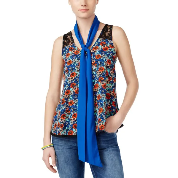 NWT Belle Du Jour Printed Lace Hem Tank Top Blouse With Scarf Blue / Multi M - Image 2