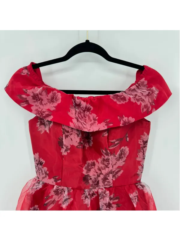 Chi Chi Red Dress Gray Floral Mini Skirt Midi Sheer Overlay Off Shoulder Size 4 - Image 2