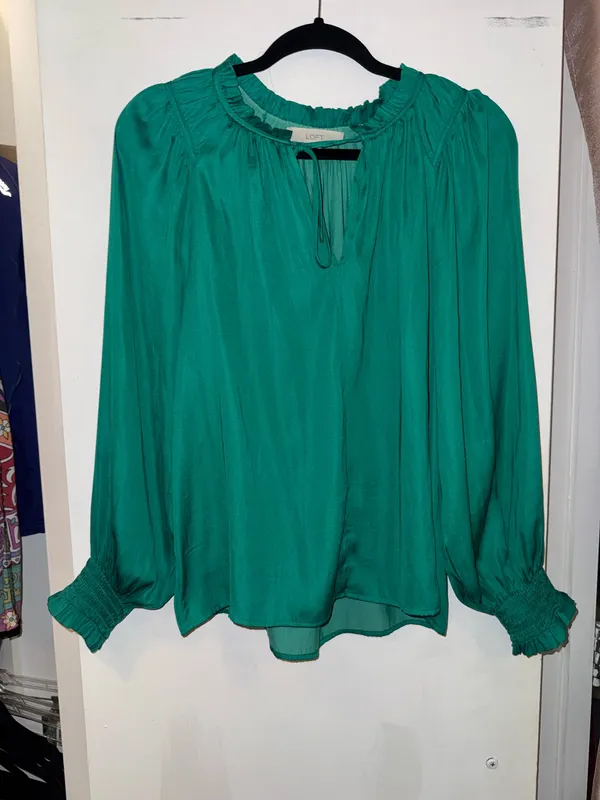 LOFT Emerald Green Ruffle-Neck Long Sleeve Blouse - Image 2