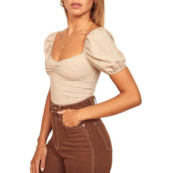✨Reformation Jeans Neutral Rochle Puff Sleeve Ribbed Sz Large Bodysuit✨ - Image 3