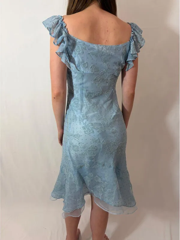 Light Blue Rose Floral Velvet Ruffle Japanese Vintage Formal Coquette Dress - Image 6