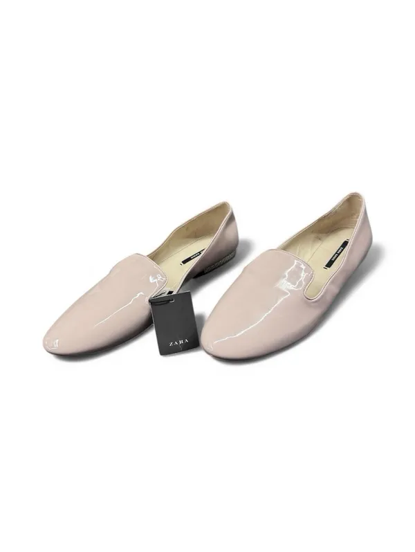 (RC) Zara Women's Blush Pink Patent Leather Flat Loafers Gold Heel Size 41 EUR - Image 2
