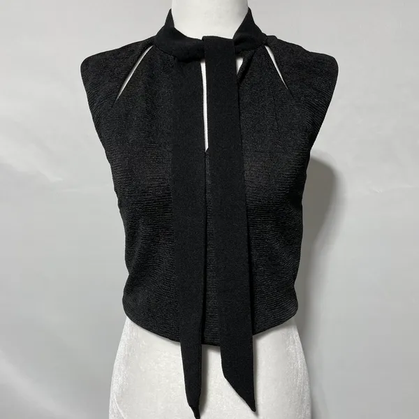 Zara Slit Front Cap Sleeve Cropped Tie Neck Top Black Size Small 5410/234/800 - Image 7