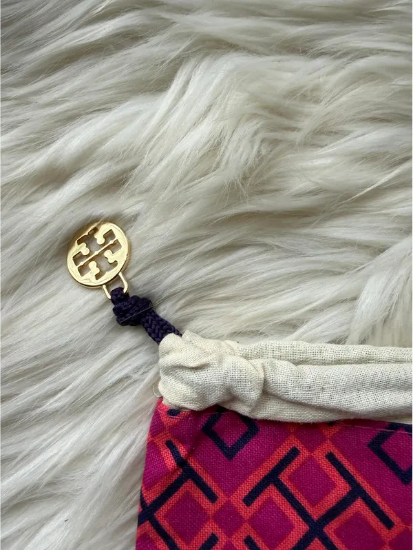Tory Burch Drawstring Canvas Pouch with Pink and Purple Geometric Trim - Image 4