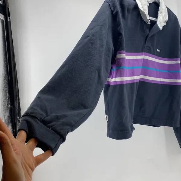 OBEY Riley LS Polo purple cropped oversized striped rugby 100% cotton size XL - Image 7