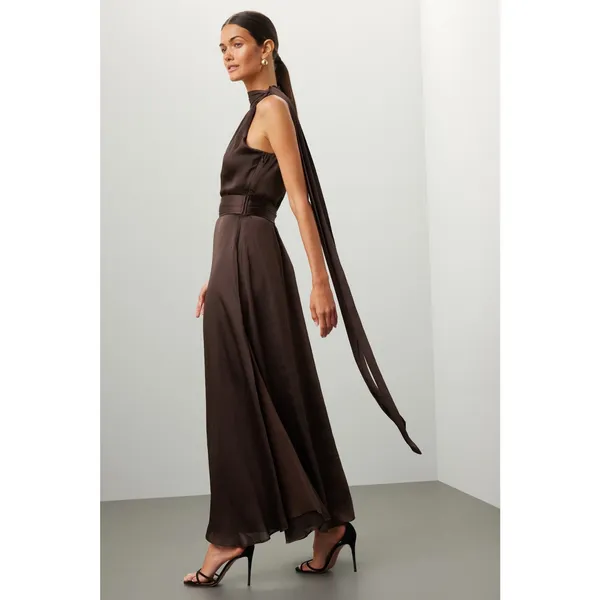 SACHIN & BABI Brown Sleeveless Tie Neck Banded Waist Kayla A-Line Gown Size 0 - Image 2