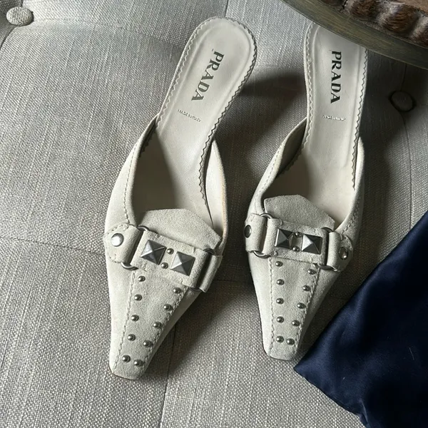 Prada Creme Suede Pointed Toe Kitten Heels Size 37.5 - Image 2