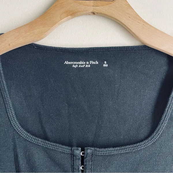 Abercrombie & Fitch Rib Hook Front Bodysuit Black Long Sleeve S Square Neck - Image 3