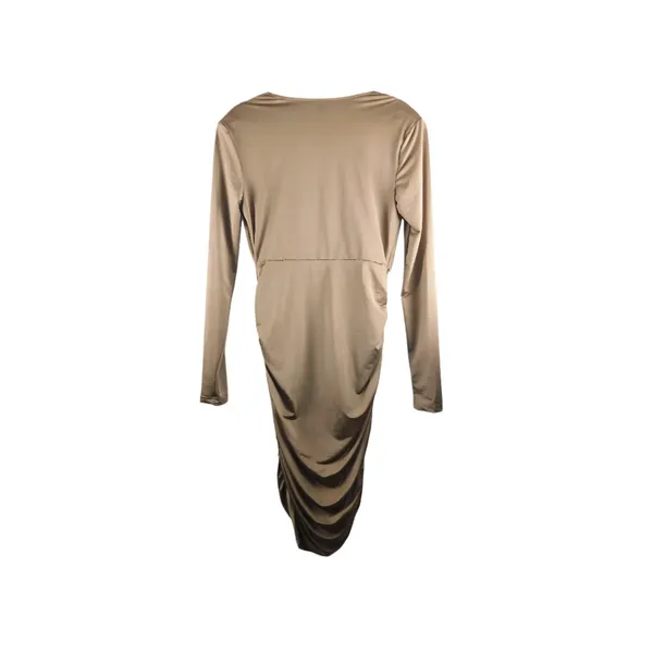 SHEIN BAE Long Sleeve Ruched Deep‎ V Midi Dress – Size L – Tan/Khaki - Image 5