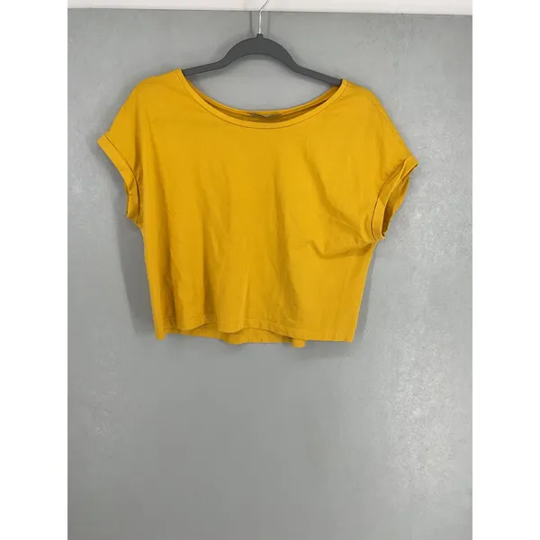 Zara Womens T-Shirt Mustard Yellow Cuffed Sleeve Crop Top Small - Image 2
