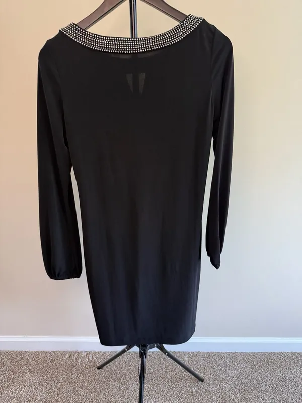 Calvin Klein‎ Black Long Sleeve Dress with Rhinestone Collar and Keyhole Detail - Image 3