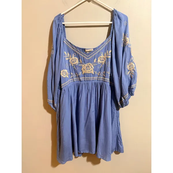 Savanna Jane Babydoll Dress 1X Blue New Floral Embroidered‎ Boho Puff Sleeve - Image 2