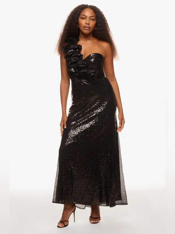 Mac Duggal Black Sequin Ruffled One Shoulder Gown Size 4 - Image 2