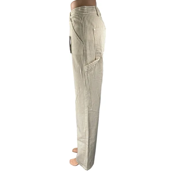 NEW MNG Mango Beige White Striped Straight Carpenter Cargo Trousers Pants Size 2 - Image 3