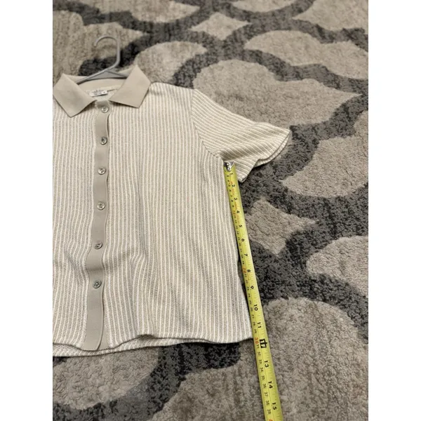 Linea Moda Italy Beige Button Down Knit Shirt M Glitter Thread‎ Short Sleeve - Image 10