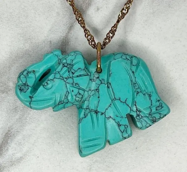Gold Tone Faux Turquoise Trunk Up Good Luck Elephant Pendant Necklace - Image 3
