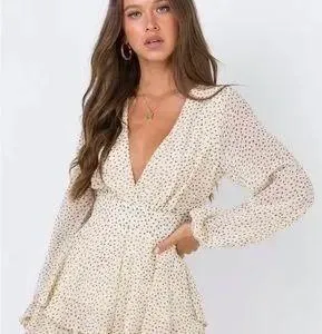 Polka Dot Style V Neck Tan Size L - Image 2