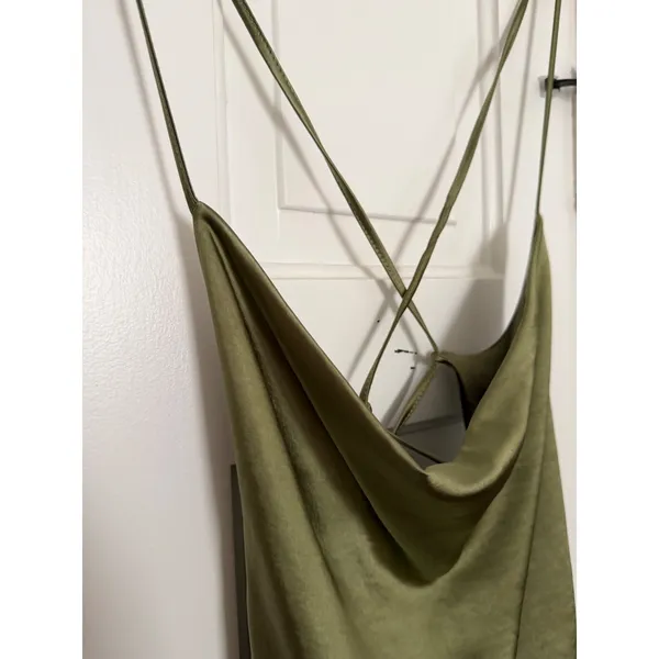 Club L London Olive Green Satin Cowl Neck Ruched Asymmetrical Midi Dress size 10 - Image 13