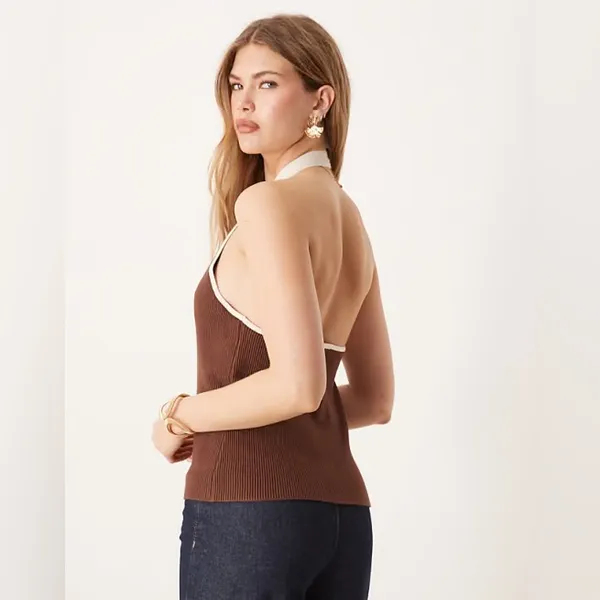 Abercrombie Ribbed Halter Top Sweater Vest | Brown & Cream Button Up Knit XL - Image 3