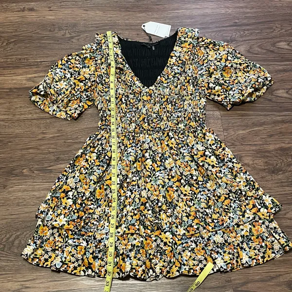 NWT Plunge Smocked Cotton Floral Mini Dress Yellow Black Blue XS - Image 11