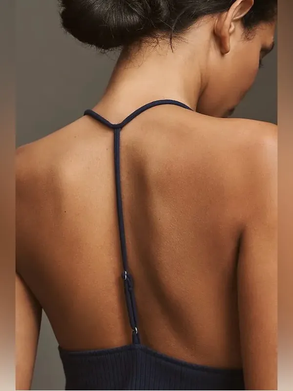 Maeve Ribbed Halter Tank in Navy with Silver Hardware - Image 3