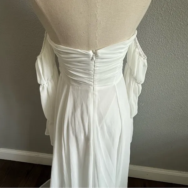 White Off Shoulder Flounce Sleeve Ruched‎ Chiffon Maxi Dress Size Small - Image 7