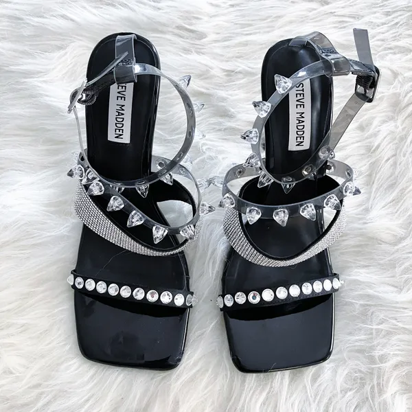 Steve Madden Lightning Rhinestone Stud Heels Black Y2K Sandals - Image 5