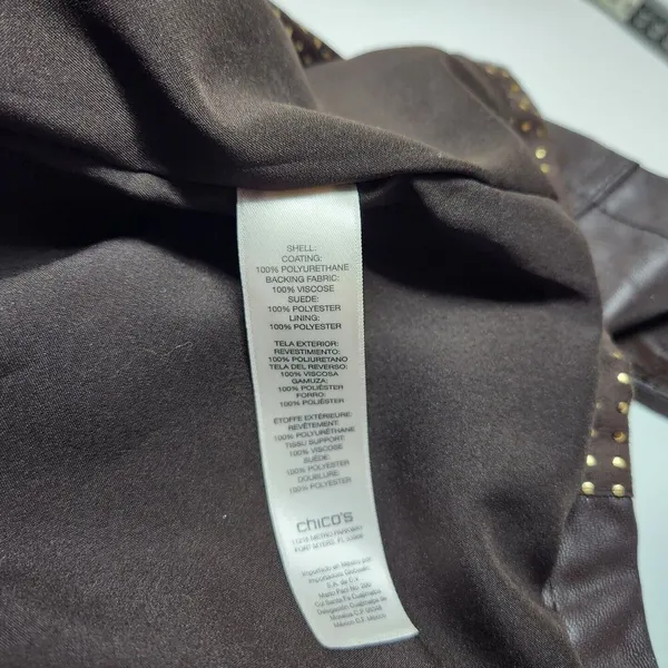 Chico's Chocolate Brown Open Front Faux Leather Lined Jacket Gold Studded Size 1 - Image 7