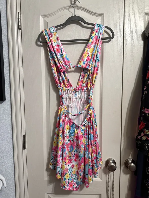 💖Floral Plunge Open Back‎ Mini Dress Maximalist Garden Party Summer Coquette - Image 3