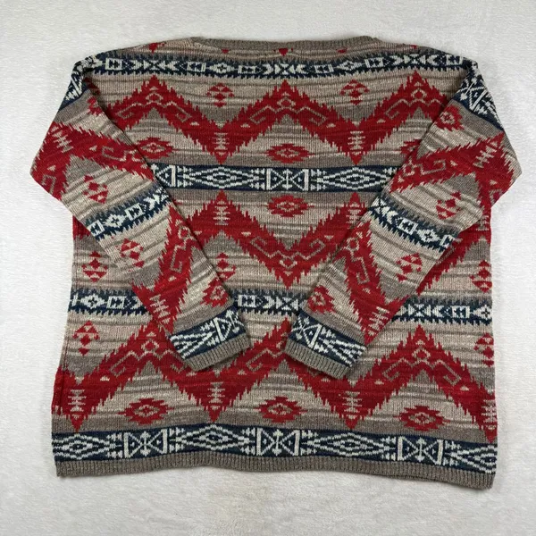 Denim & Supply Ralph Lauren Southwestern Aztec Cotton Knit Sweater Red Gray L - Image 8
