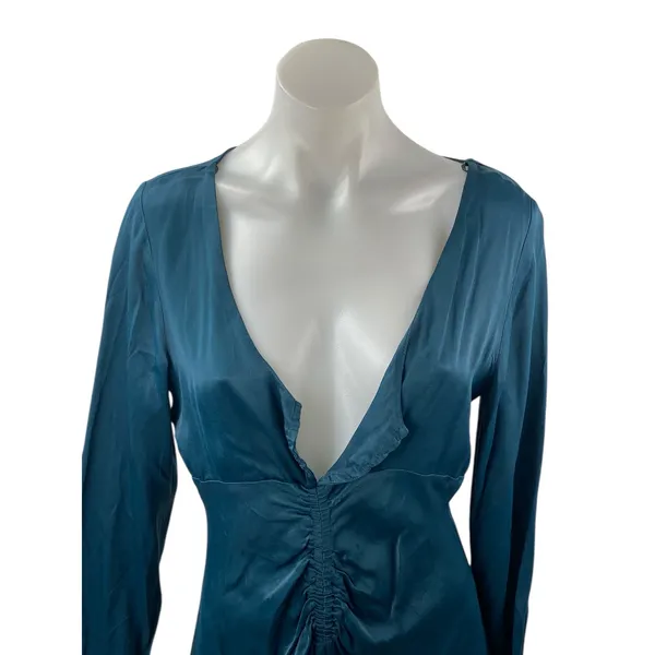 Zara Green Silky Satin Ruched V Neck Long Sleeve Mini Flare A-Line Dress Size M - Image 2