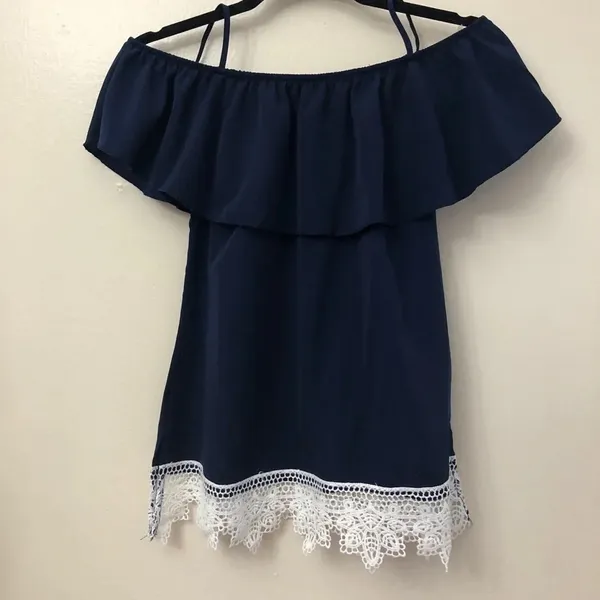 Navy off shoulder top with white‎ lace trim - Image 3