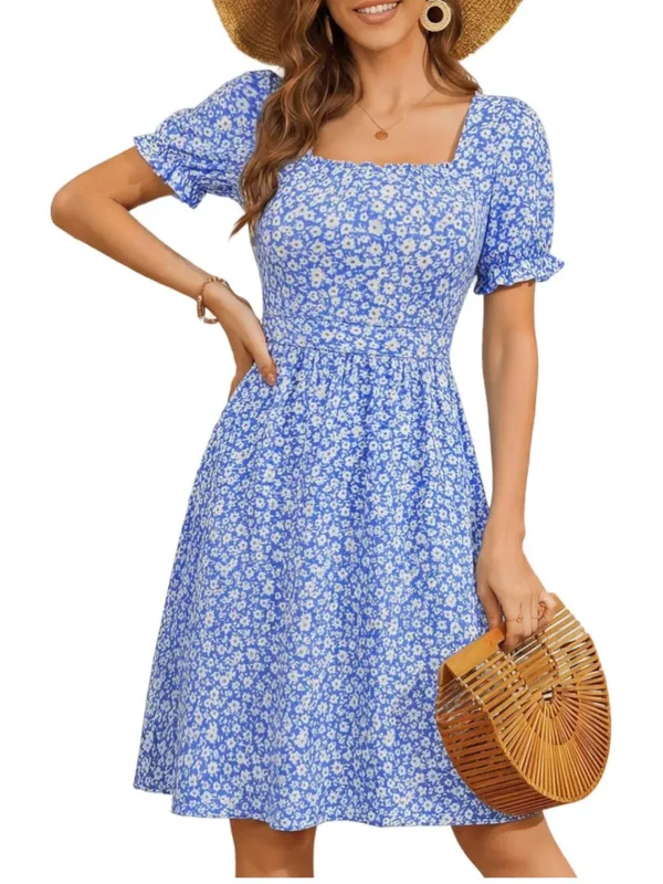 NEW Square Neck Dress Floral Puff Sleeve A Line Midi Dress Pockets S - Image 4