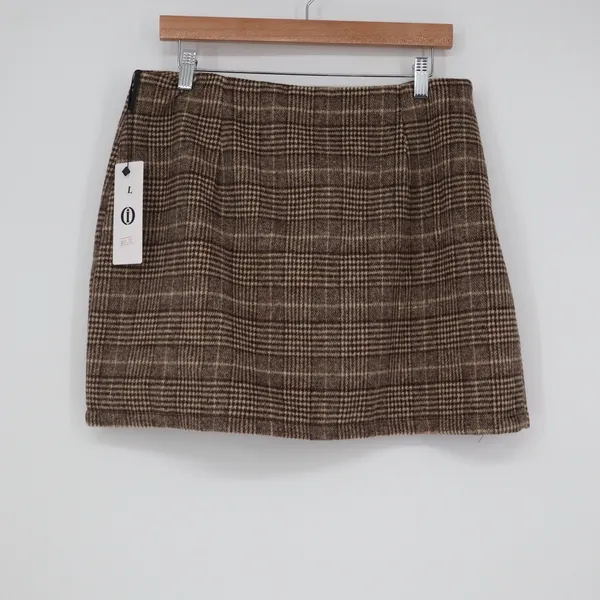 Cider Brown Plaid Wool Blend Mini Skirt L Glen Check A-Line - Image 6