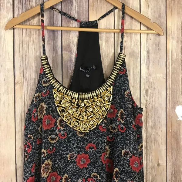 Boohoo Tasha Floral Print Hanky Hem Dress Beaded SIZE 4P Petite New Flaw - Image 4