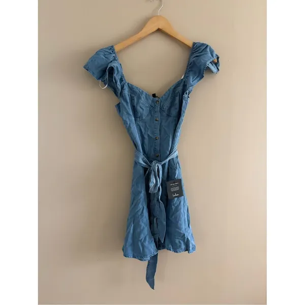 Lulus Sweetest Stance Blue Chambray Button-Front Mini Dress Size XS NWT Country - Image 3