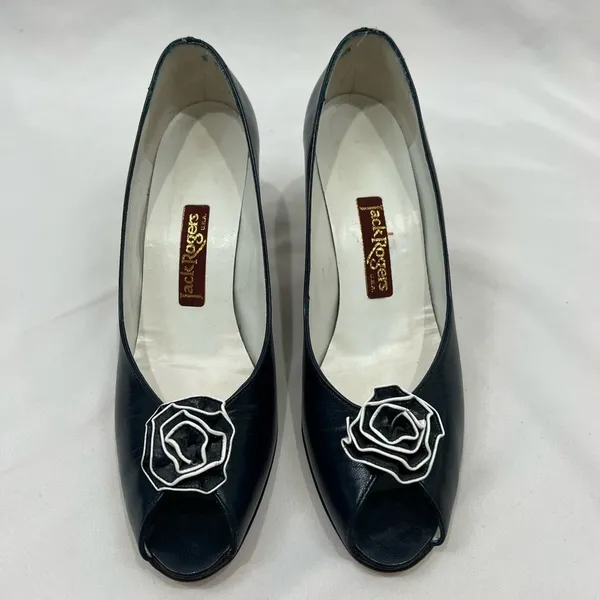 Vtg Jack Rogers 80’s Navy‎ Blue Leather Peep Toe Heels With Rosette Size 8 S - Image 2