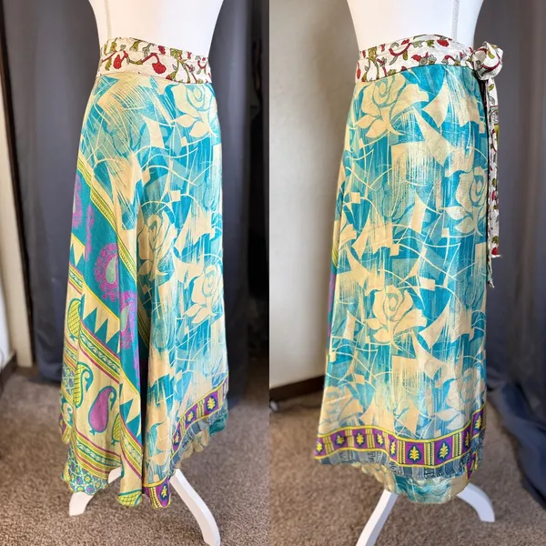Reversible boho Silk Wrap Skirt Womens OS Turquoise Gold Floral Maxi - Image 3