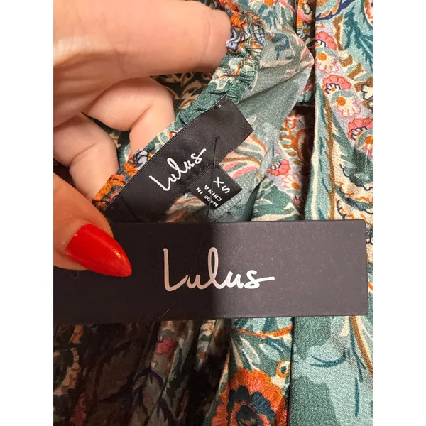 NWT Lulus Divine Wanderings Teal Green Scarf Print Satin Wide-Leg Jumpsuit Sz XS - Image 7