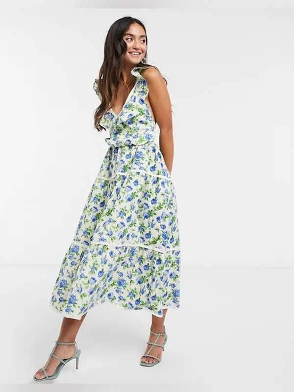 ASOS Design floral maxi dress ditsy eyelet broidery trim tiered ruffle open back - Image 2