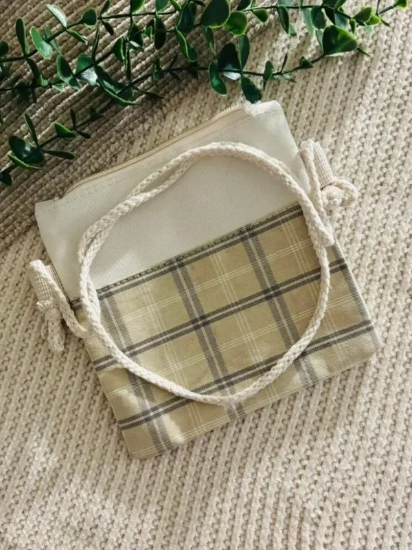Cottagecore Cream Plaid Multi Piece Tote Set Canvas Buckle Bag - Image 4
