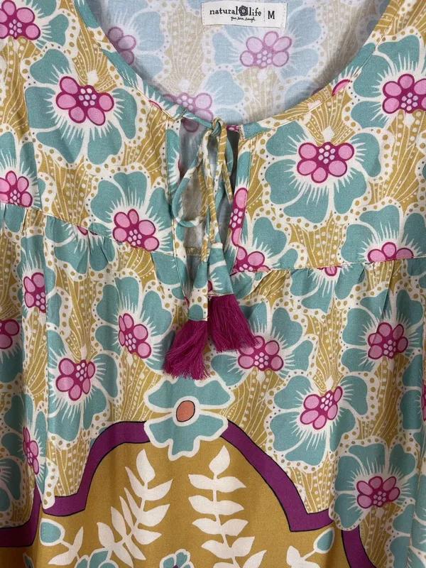 Natural Life Boho Floral Tassel Peasant Top M Mustard Teal Pink 3/4 Sleeve - Image 6
