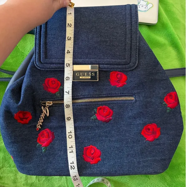 GUESS Blue Denim Backpack Bag Roses Casual Boho - Image 8