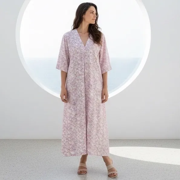 Brooke Wright Floral Kaftan Dress Womens Medium Pink Purple Cotton Linen Maxi‎ - Image 2
