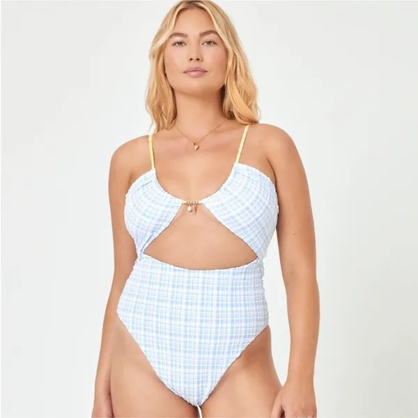 L*Space White Blue Plaid Ocean Charm Rizzo Cut Out One Piece in Powder Blue L - Image 3